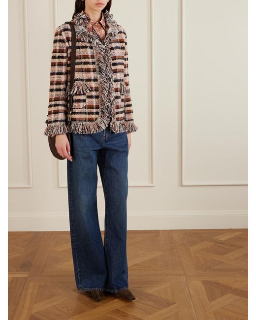 Etro Gray Fringed Checked Tweed Jacket