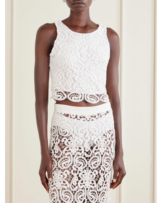 Miguelina White Rosi Cropped Guipure Lace-Trimmed Cotton-Jersey Top