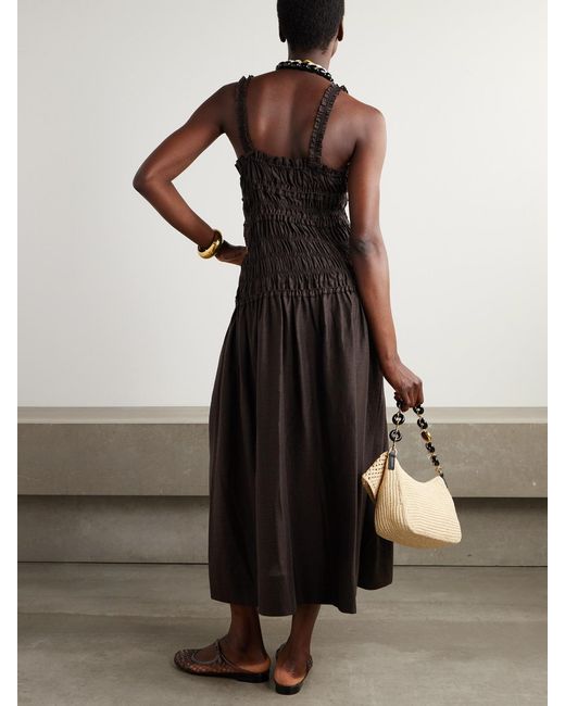 Tory Burch Brown Ruffled Shirred Lyocell-Blend Voile Midi Dress