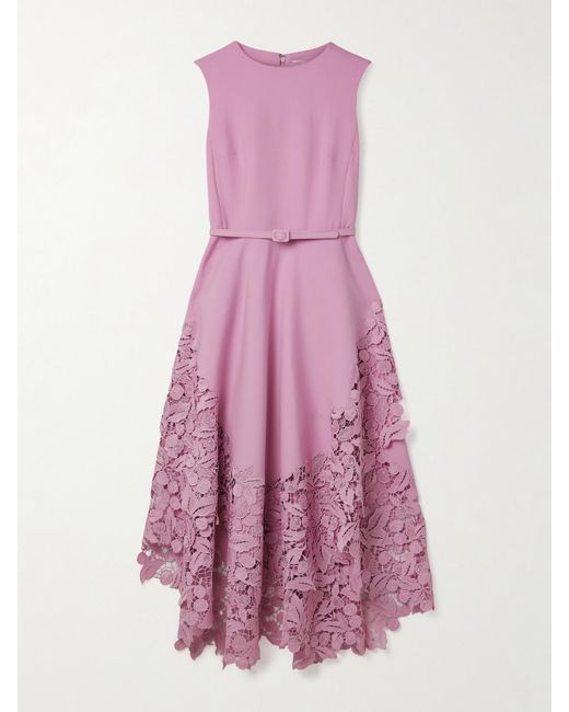 Oscar de la Renta Purple Belted Guipure Lace-Trimmed Wool-Blend Crepe Midi Dress