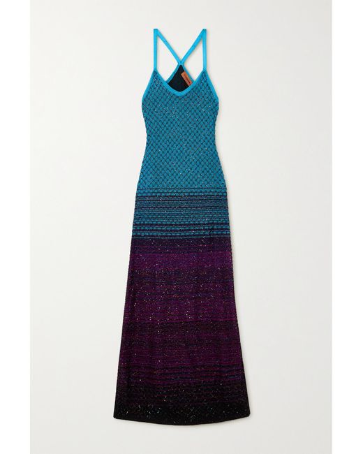 Missoni Sequinembellished Twotone Crochetknit Maxi Dress in Purple