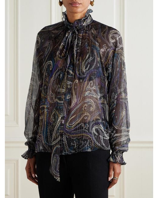 Etro Gray Pussy-Bow Printed Metallic Silk-Crepon Blouse