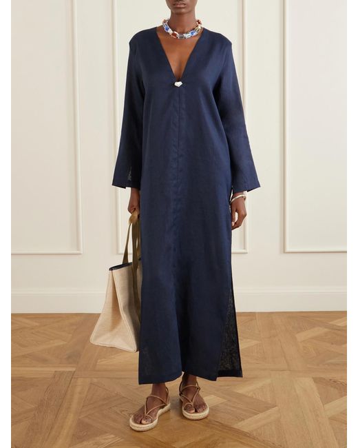SARA CRISTINA Blue Pearl-Embellished Linen Kaftan