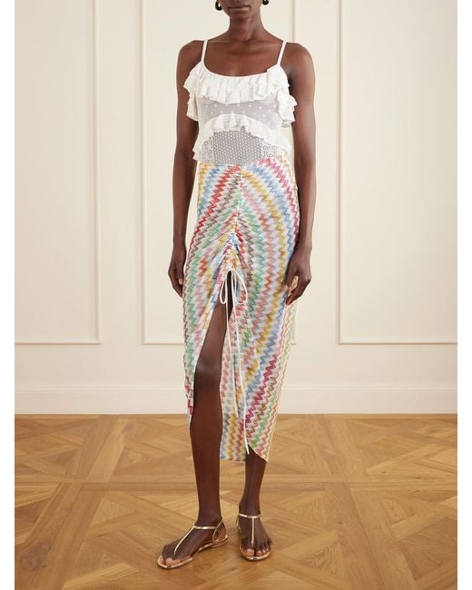 Missoni White Gathered Striped Metallic Crochet-Knit Midi Skirt