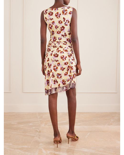 Rabanne White Chainmail-Embellished Ruched Floral-Print Satin Mini Dress