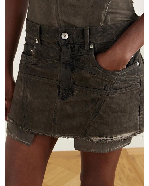 Rick Owens Gray Drkshdw Lana Paneled Frayed Denim Mini Skirt