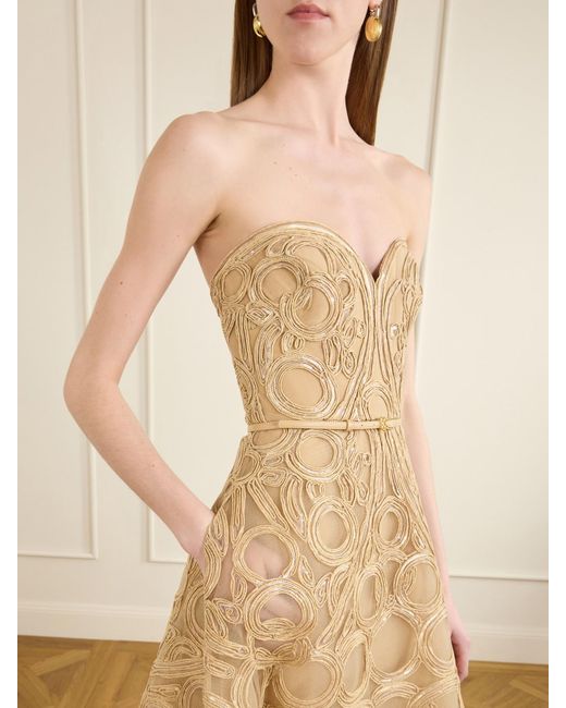Elie Saab Natural Strapless Sequin-Embellished Raffia-Trimmed Tulle Midi Dress