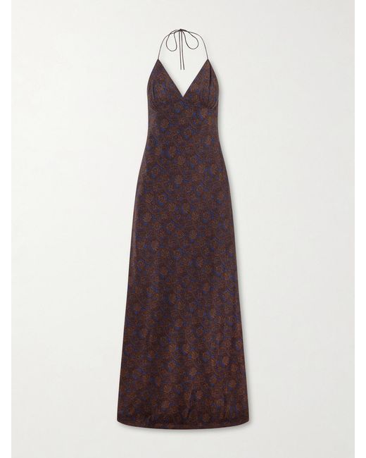 Matteau Purple Open-Back Printed Silk-Crepe De Chine Halterneck Maxi Dress