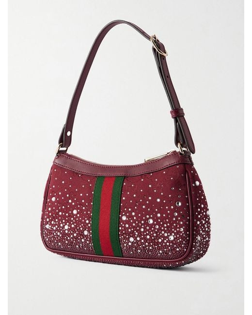Gucci Red Ophidia Schultertasche Aus Canvas Mit Jacquard-Muster Mit Lederbesätzen Und Kristallen