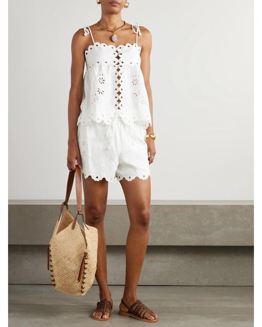 Farm Rio White Flowers Richelieu Scalloped Broderie Anglaise Linen Shorts