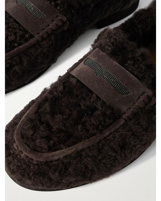 Brunello Cucinelli Black Loafers Aus Shearling Mit Shearling-Besätzen Und Zierperlen