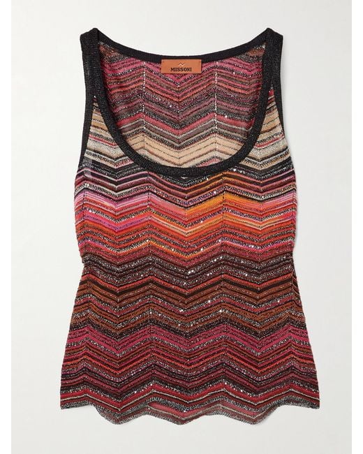 Missoni Red Mare Sequined Striped Metallic Crochet-Knit Tank