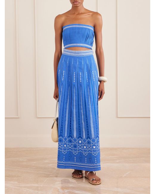 Emporio Sirenuse Blue Camille Embroidered Linen And Cotton-Blend Midi Skirt