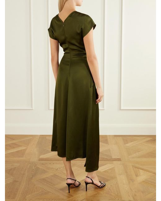 Victoria Beckham Green Aria Draped Asymmetric Satin Midi Dress
