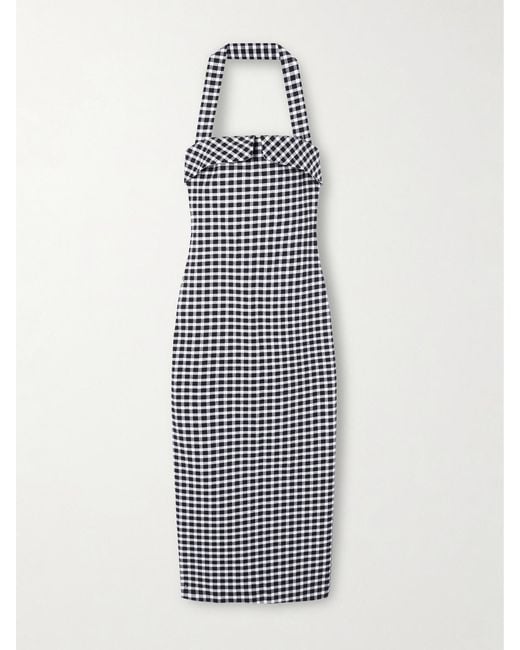 Posse White Chiara Checked Cotton-Blend Halterneck Midi Dress