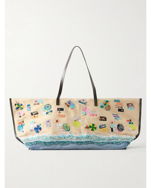 Staud Blue Christos Large Leather-Trimmed Embroidered Bead-Embellished Canvas Tote