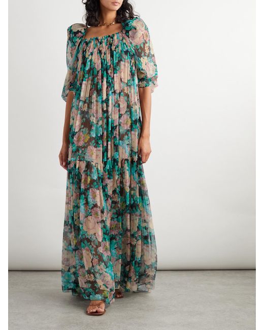 Chloé Green Maxikleid Aus Seidenmusselin Mit Blumenprint Und Raffungen