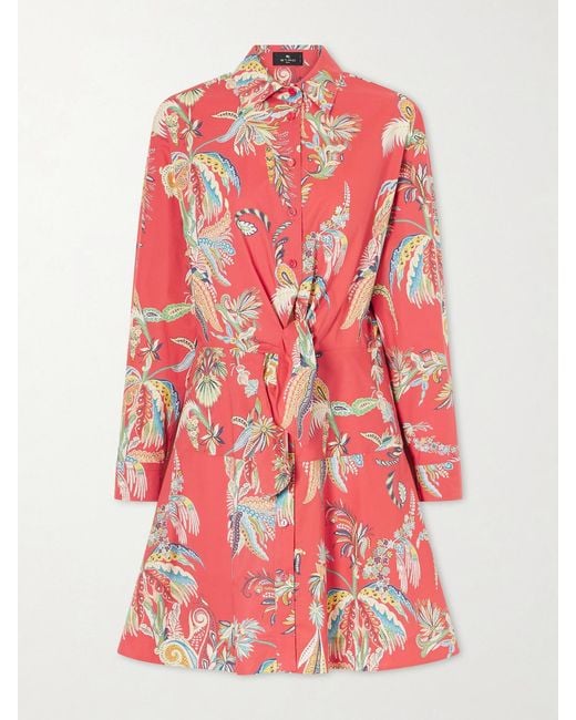 Etro Red Knotted Printed Cotton-Blend Mini Dress