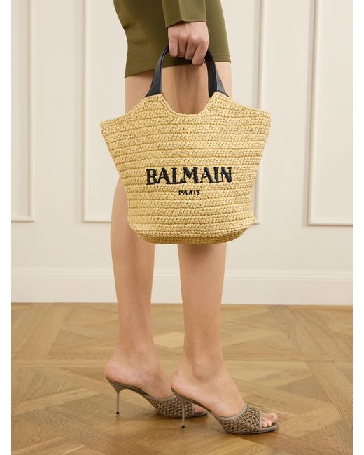 Balmain Natural Cabas Mini Leather-Trimmed Raffia Shoulder Bag