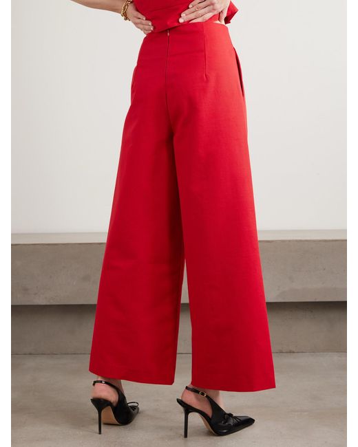 D'Estree Red Martha Pleated Cotton Wide-Leg Pants