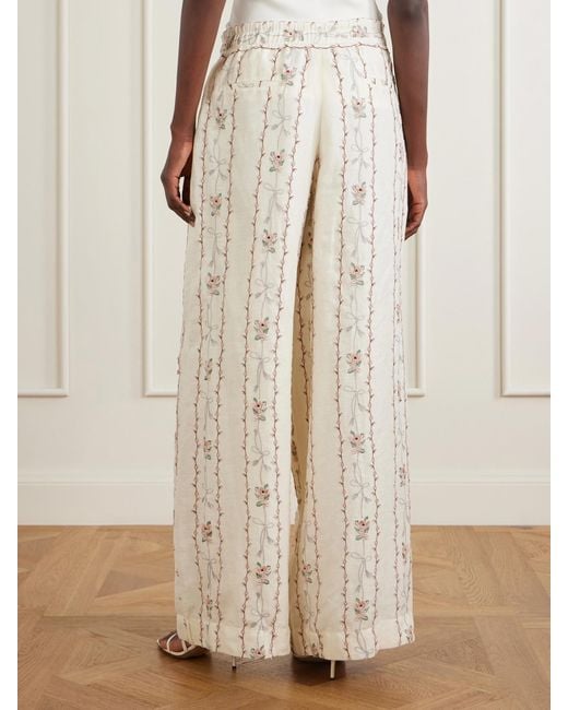 Agua Bendita White Tota Navegante Floral-Embroidered Linen Wide-Leg Pants