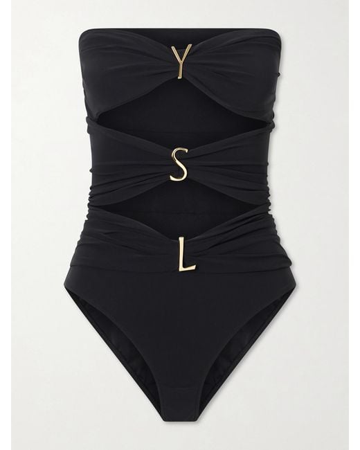 Saint Laurent Blue Strapless Cut-Out Gathered Embellished Swimsuit