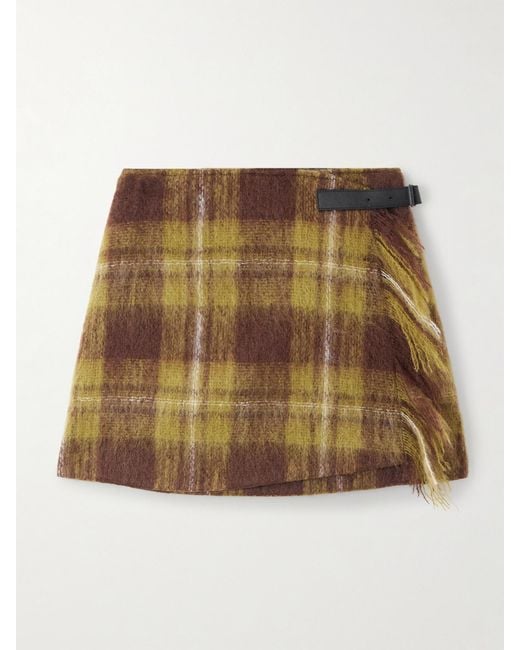 Loewe Natural Leather-Trimmed Checked Mohair And Wool-Blend Mini Wrap Skirt