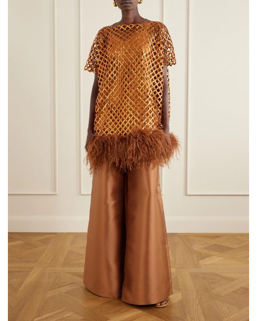 ‎Dima Ayad Brown Feather-Trimmed Sequined Blouse