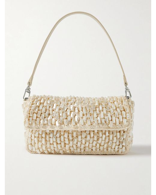 Staud Natural Timmy Leather-Trimmed Faux Pearl-Embellished Raffia Shoulder Bag