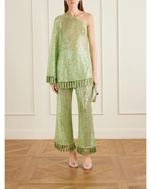 ‎Taller Marmo Green Sequined Fringed Flared Pants
