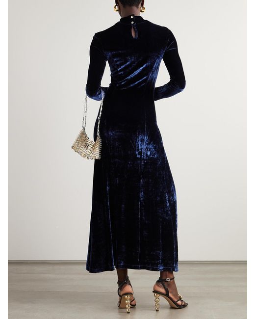 Rabanne Blue Asymmetric Ruched Embellished Velvet Turtleneck Dress