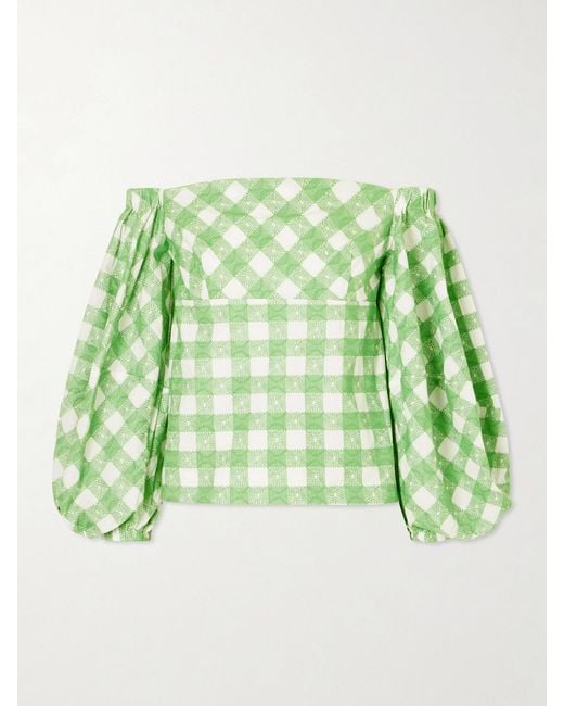 Rosie Assoulin Green Empire Balloon Off-The-Shoulder Checked Cotton Blouse
