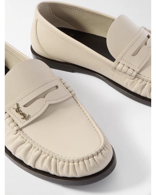 Saint Laurent Natural Laurent Glossed-Leather Loafers