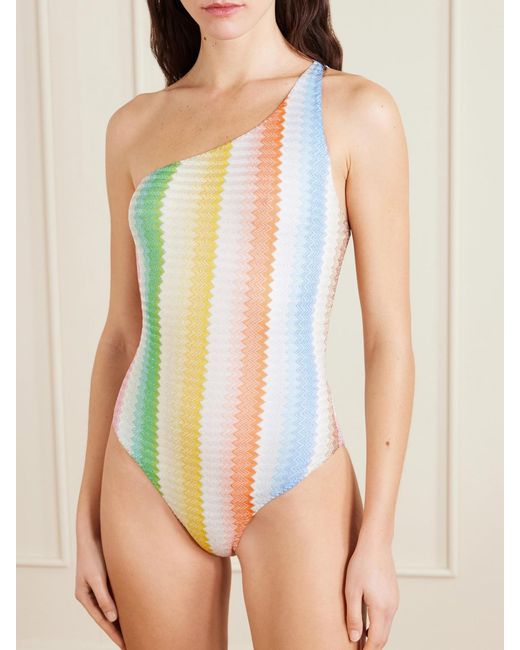Missoni White Mare One-Shoulder Striped Metallic Crochet-Knit Swimsuit