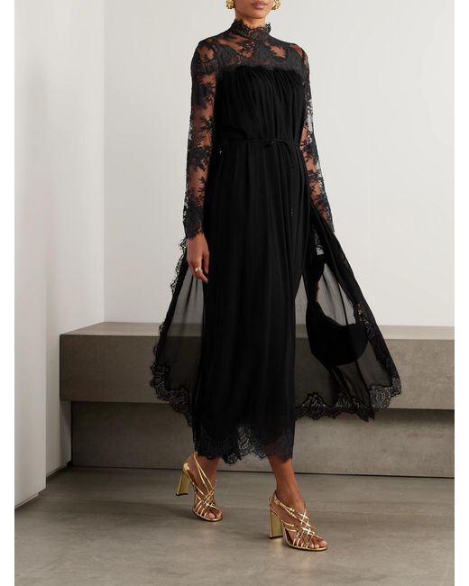 Zimmermann Black Gathered Lace-Trimmed Crepe Midi Dress