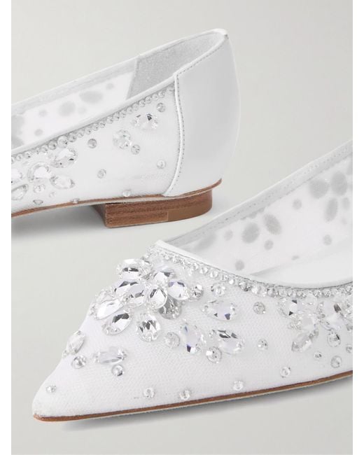 Rene Caovilla White Leather-Trimmed Crystal-Embellished Tulle Point-Toe Flats