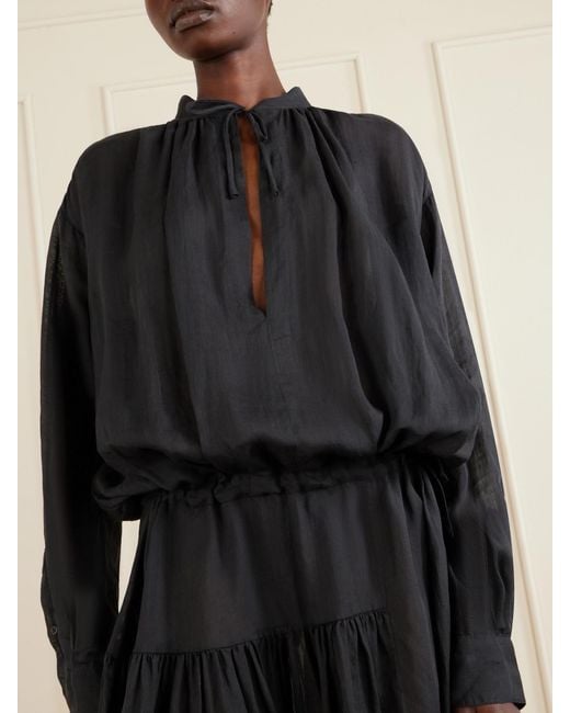 Dries Van Noten Black Pleated Ramie-Mousseline Midi Dress