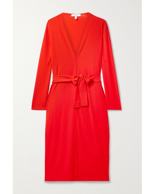 Max Mara Po Belted Ribbed-knit Cardigan in Red | Lyst