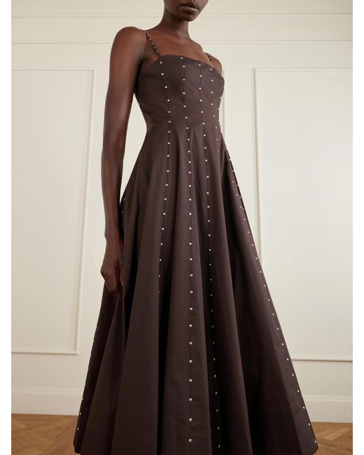Staud Brown Wylie Embellished Paneled Cotton-Blend Poplin Midi Dress