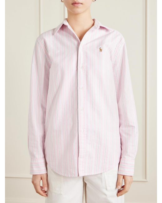Polo Ralph Lauren Pink Embroidered Striped Oxford Cotton Shirt