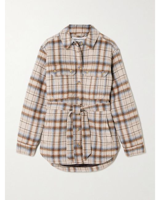 Veronica Beard Natural Mikaela Jacke Aus Kariertem Flanell Mit Bindegürtel