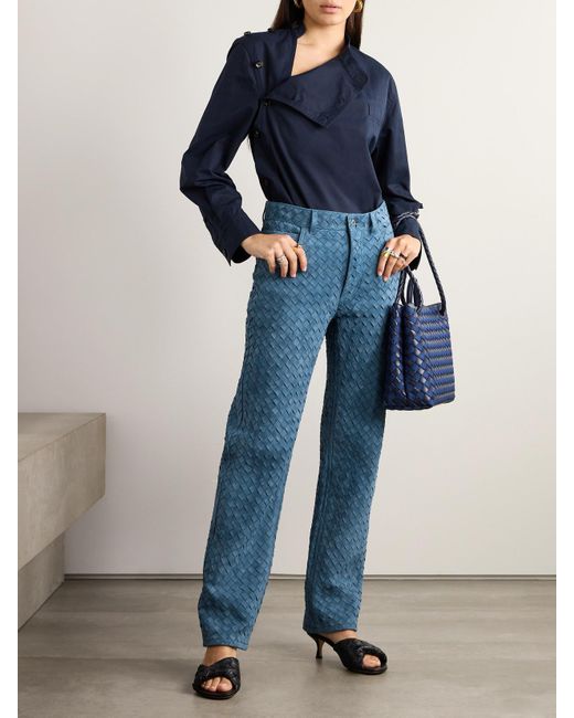 Bottega Veneta Blue Intrecciato Suede Straight-Leg Pants