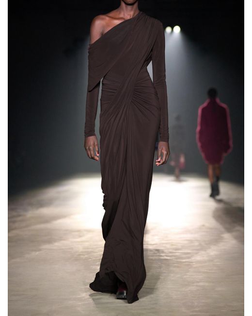 Jason Wu Brown Off-The-Shoulder Draped Stretch-Jersey Gown