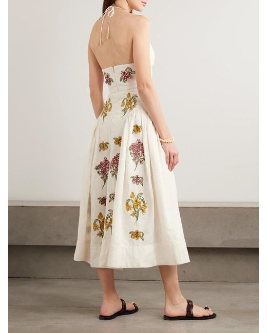 Agua Bendita White Balsa Embellished Embroidered Linen Halterneck Midi Dress