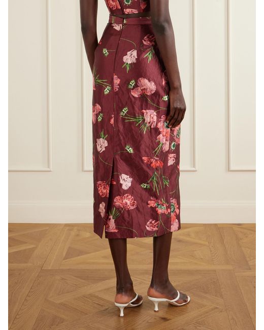 Erdem Red Floral-Printed Satin Midi Pencil Skirt