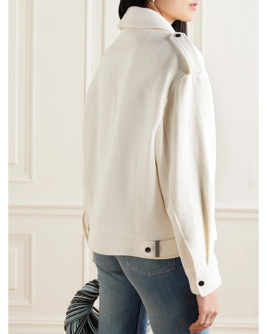 Brunello Cucinelli Natural Embellished Herringbone Cotton And Linen-Blend Biker Jacket