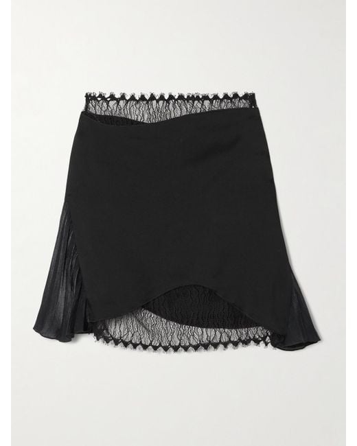 Victoria Beckham Black Pleated Lace And Chiffon-Trimmed Satin-Crepe Mini Skirt
