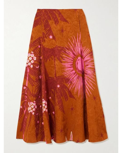 Johanna Ortiz Orange Encanto De Isla Printed Jacquard Midi Skirt
