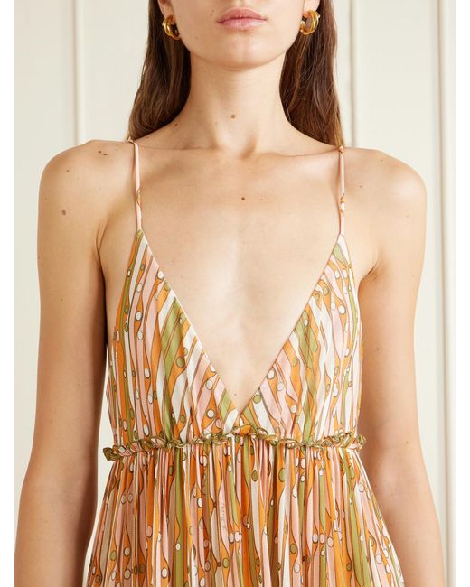 LaDoubleJ Natural Nymph Printed Ruffled Mesh Maxi Dress