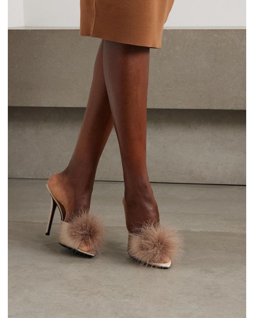 Saint Laurent Natural Goldie Mules Aus Satin Mit Federn